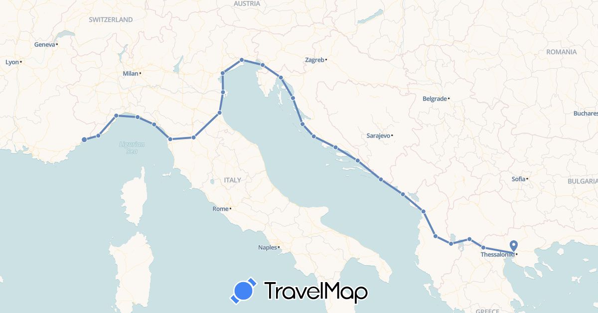TravelMap itinerary: driving, cycling in Albania, France, Greece, Croatia, Italy, Montenegro, Macedonia (Europe)